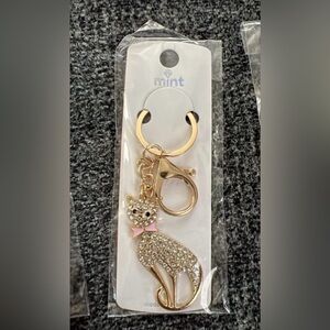 Mint Sparkling Cat Keychain  / Bag Charm with Pink Bow